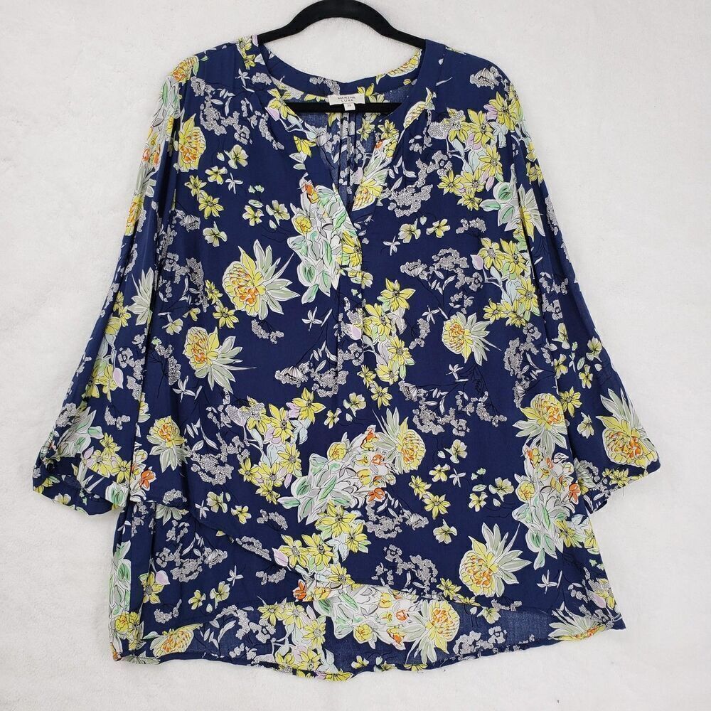 Marina Luna Blouse Womens 2X Blue Floral Print Lightweight Top 3/4 Sleeve Rayon